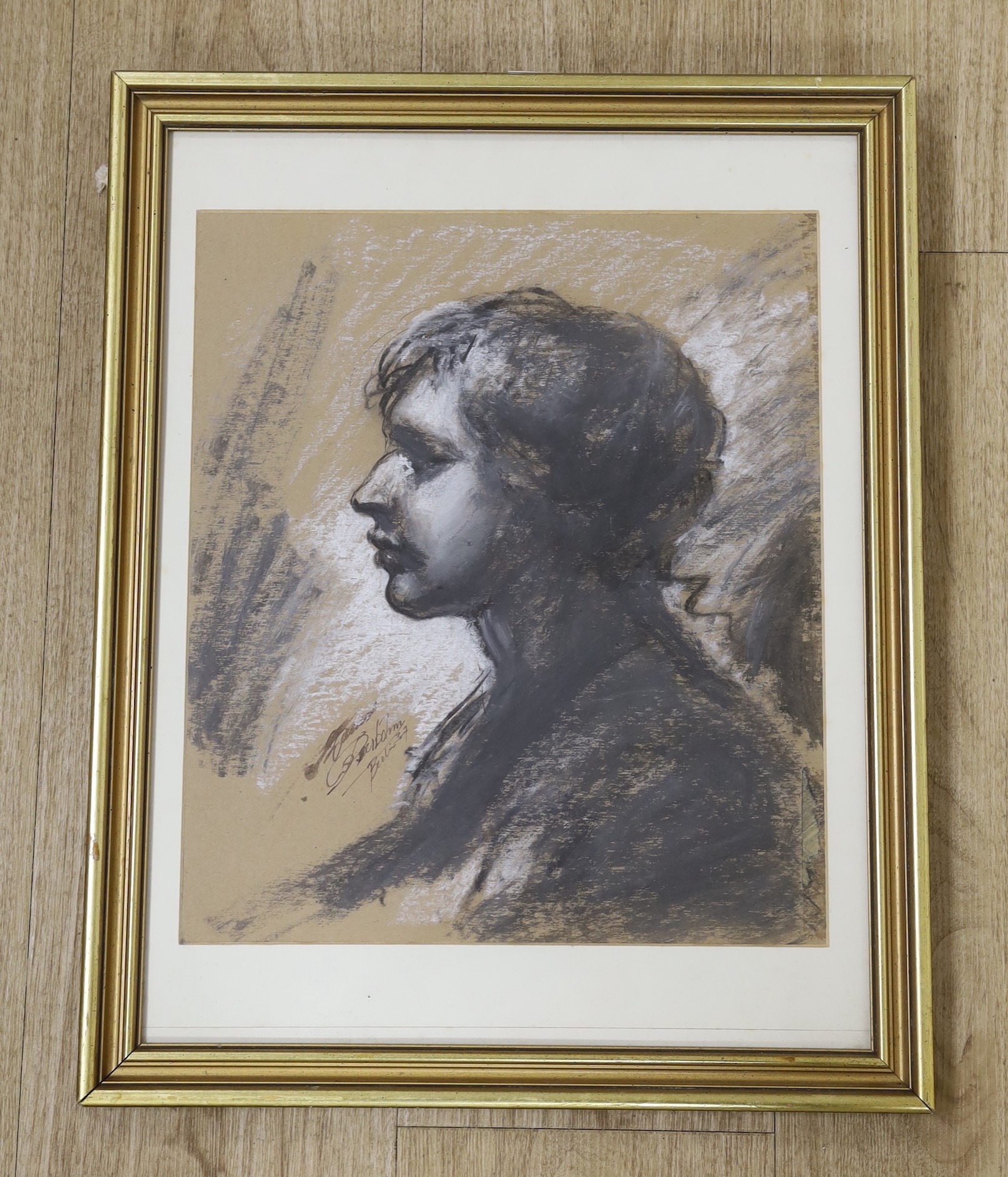 German School, charcoal, ink and chalk, Head study, indistinctly signed and dated Berlin '37, 36 x 31cm